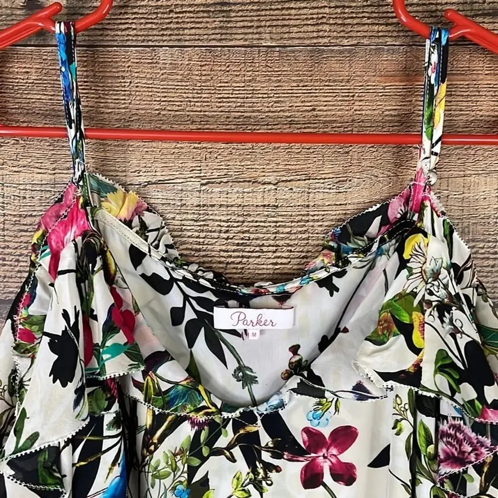 Parker Clark Floral Print Silk Blouse Cold Shoulder Long Sleeve Size Medium